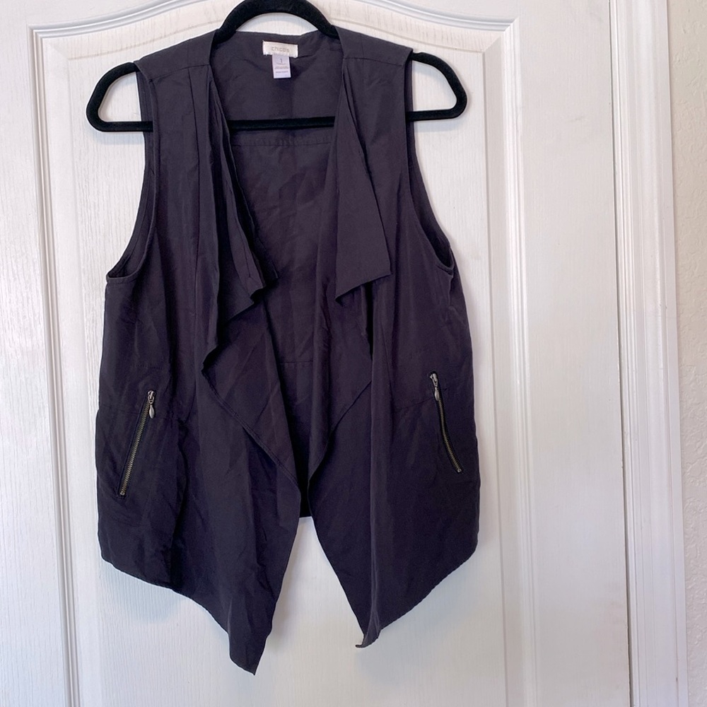 Chico’s Black Vest Open Front Zipper Pockets Lightweight Y2K Retro Sleeveless